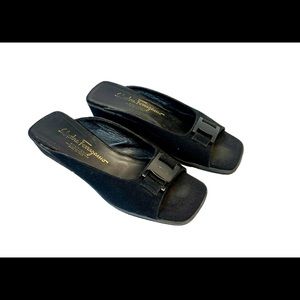Salvatore Ferragamo Wedge Slides Mules Peep Toe Black Sandals Shoes US 7